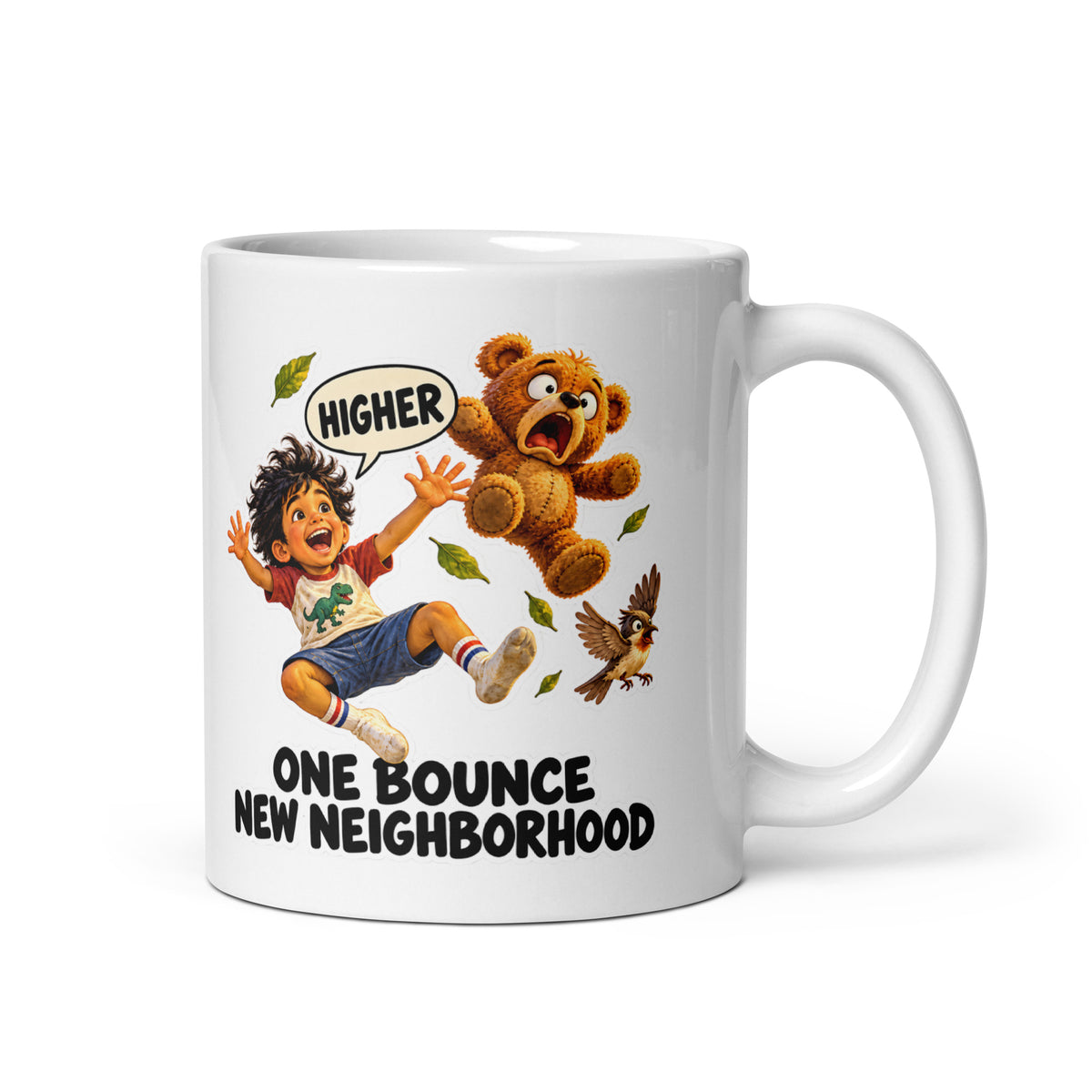 Trampoline Tristan Mug by Brain Rot Bunch, handle on right