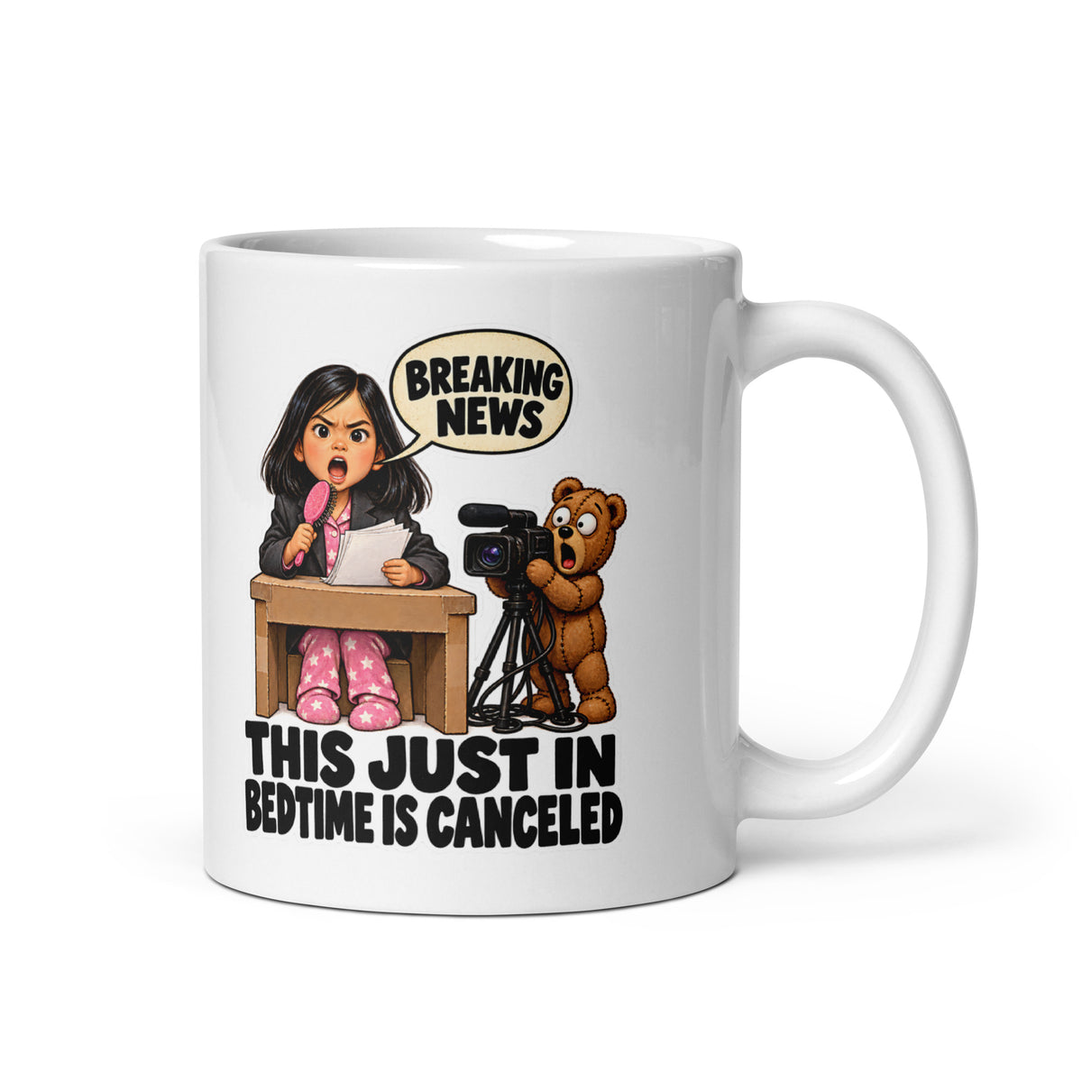 News-Anchor Nadia Mug by Brain Rot Bunch, handle on right