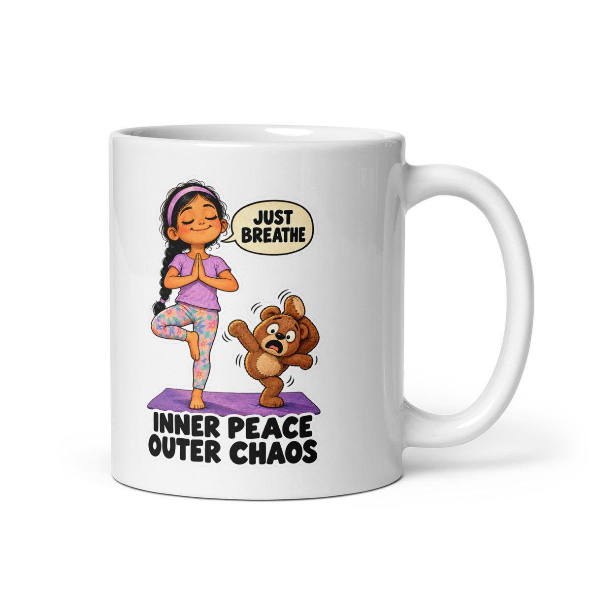 Yoga-Teacher Yara Mug by Brain Rot Bunch, handle on right