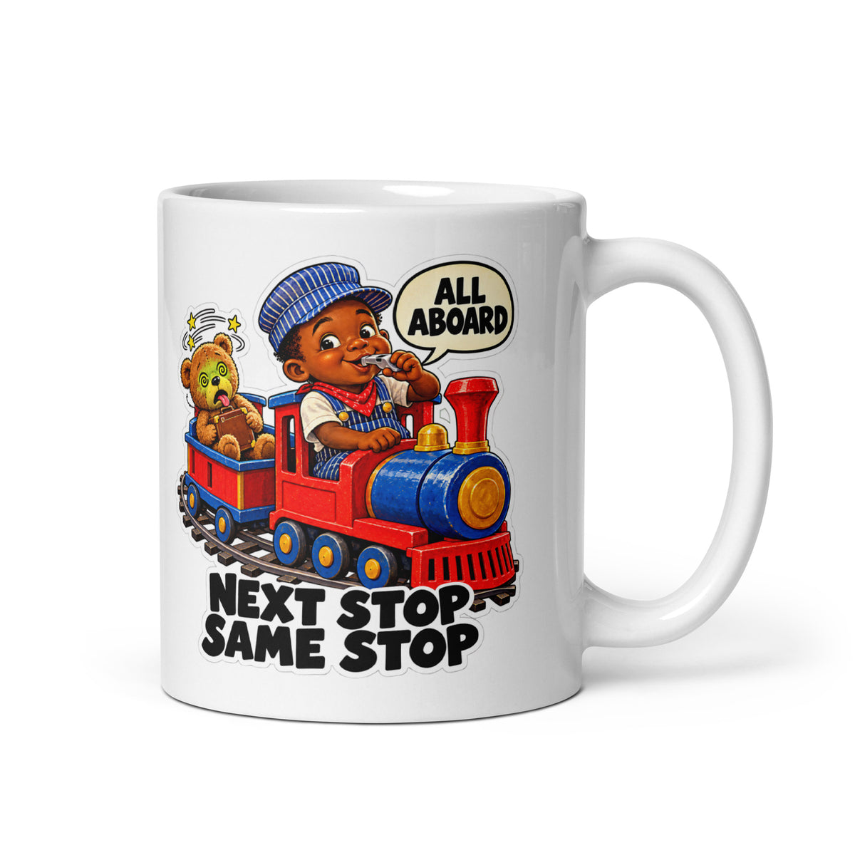 Conductor Kofi Mug by Brain Rot Bunch, handle on right