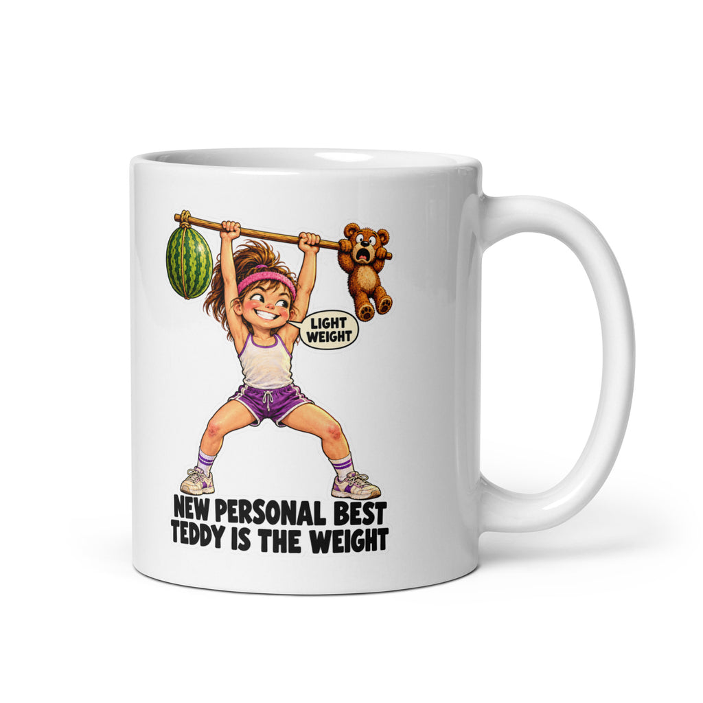 Weightlifter Winnie Mug by Brain Rot Bunch, handle on right