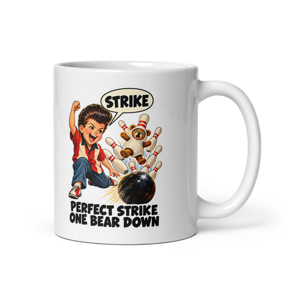 Bowling Bruce Mug by Brain Rot Bunch, handle on right