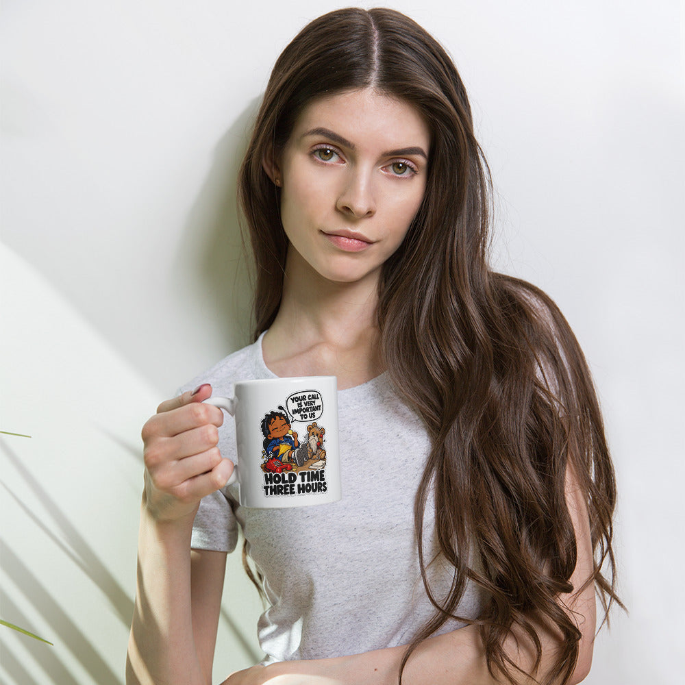 Customer Service Carl Mug by Brain Rot Bunch, lifestyle photo