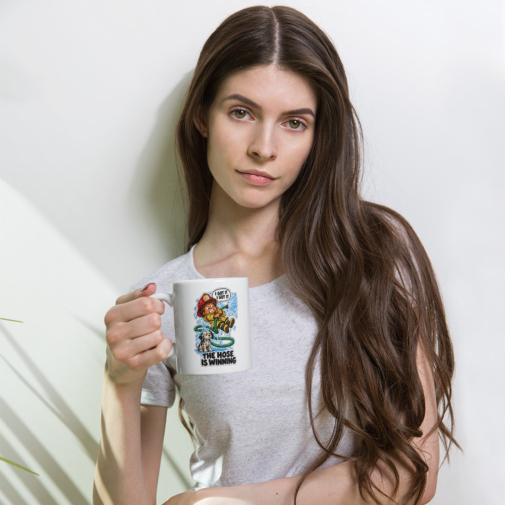 Firefighter Finn Mug by Brain Rot Bunch, lifestyle photo