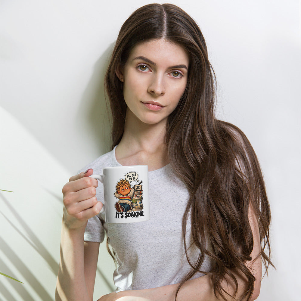 Dish-Dodging Doug Mug by Brain Rot Bunch, lifestyle photo